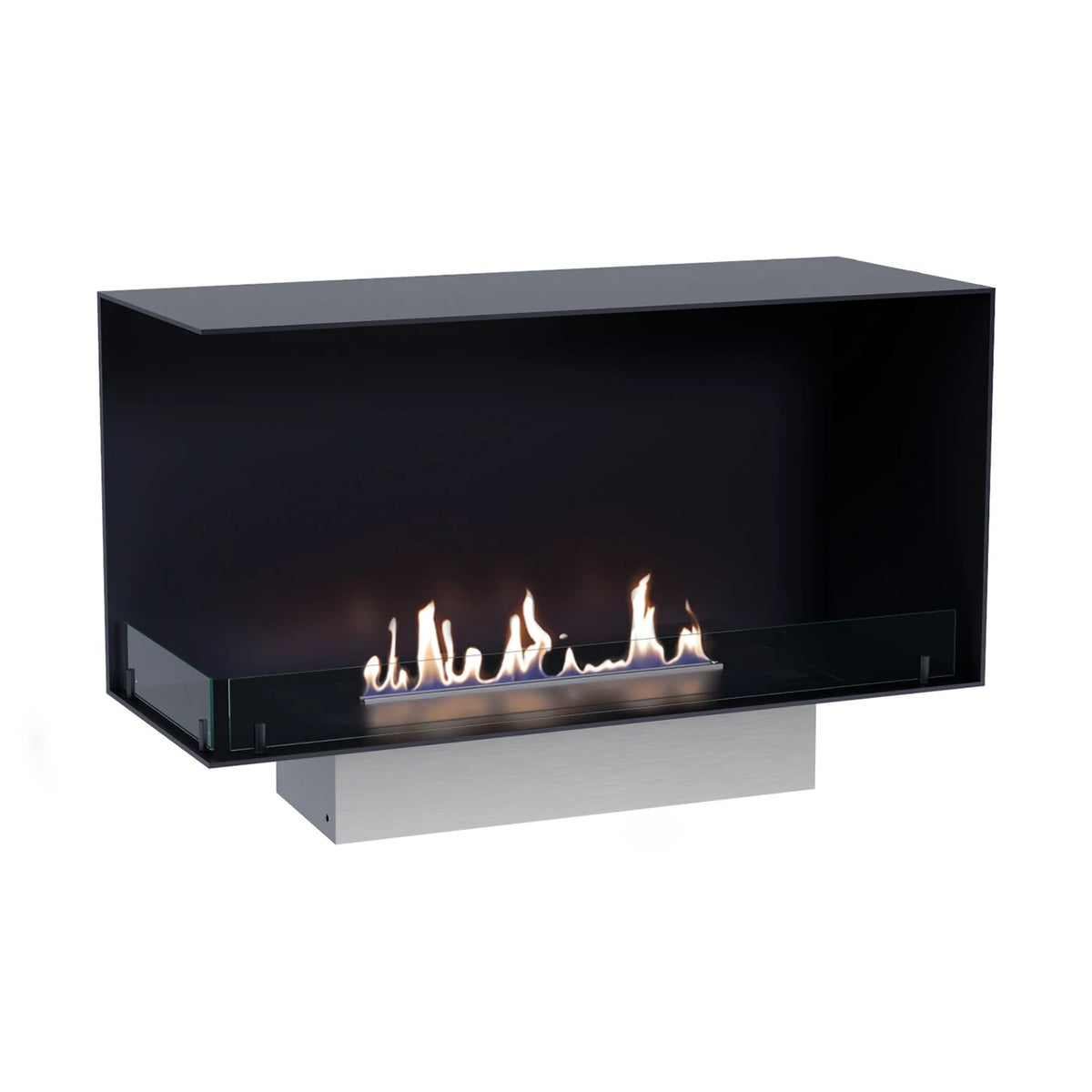 Foco Corner Left 1000 - lit ethanol flame on its installation base, white-background studio shot