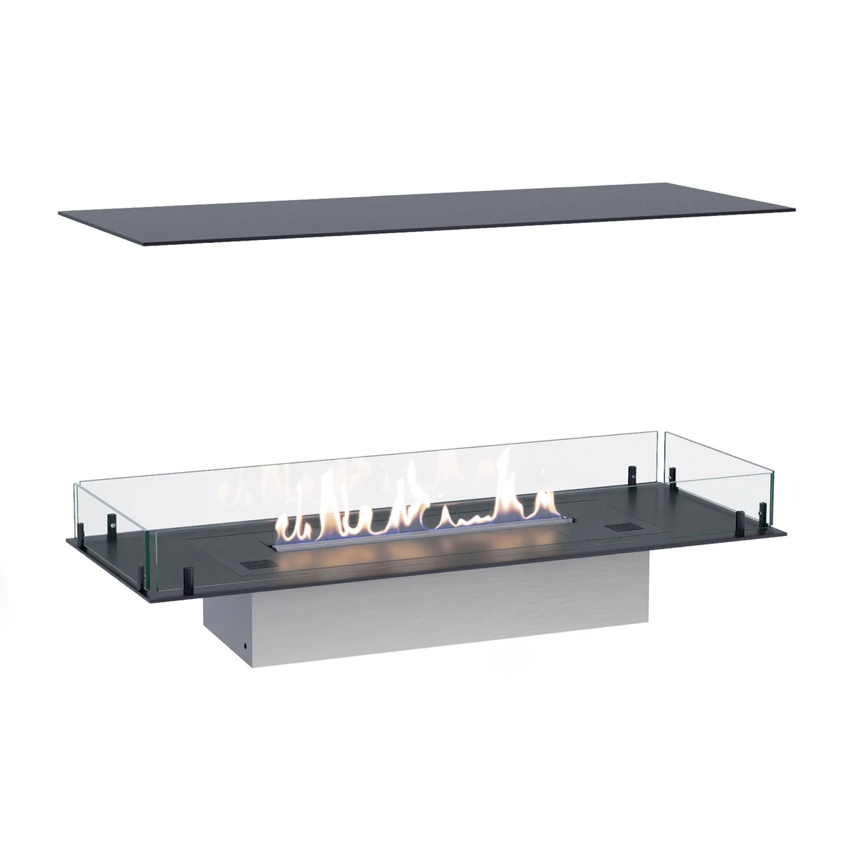 Foco Four 1000 four-sided built-in bioethanol fireplace with a realistic lit ethanol flame, white-background studio shot with the top plate shown detached above.