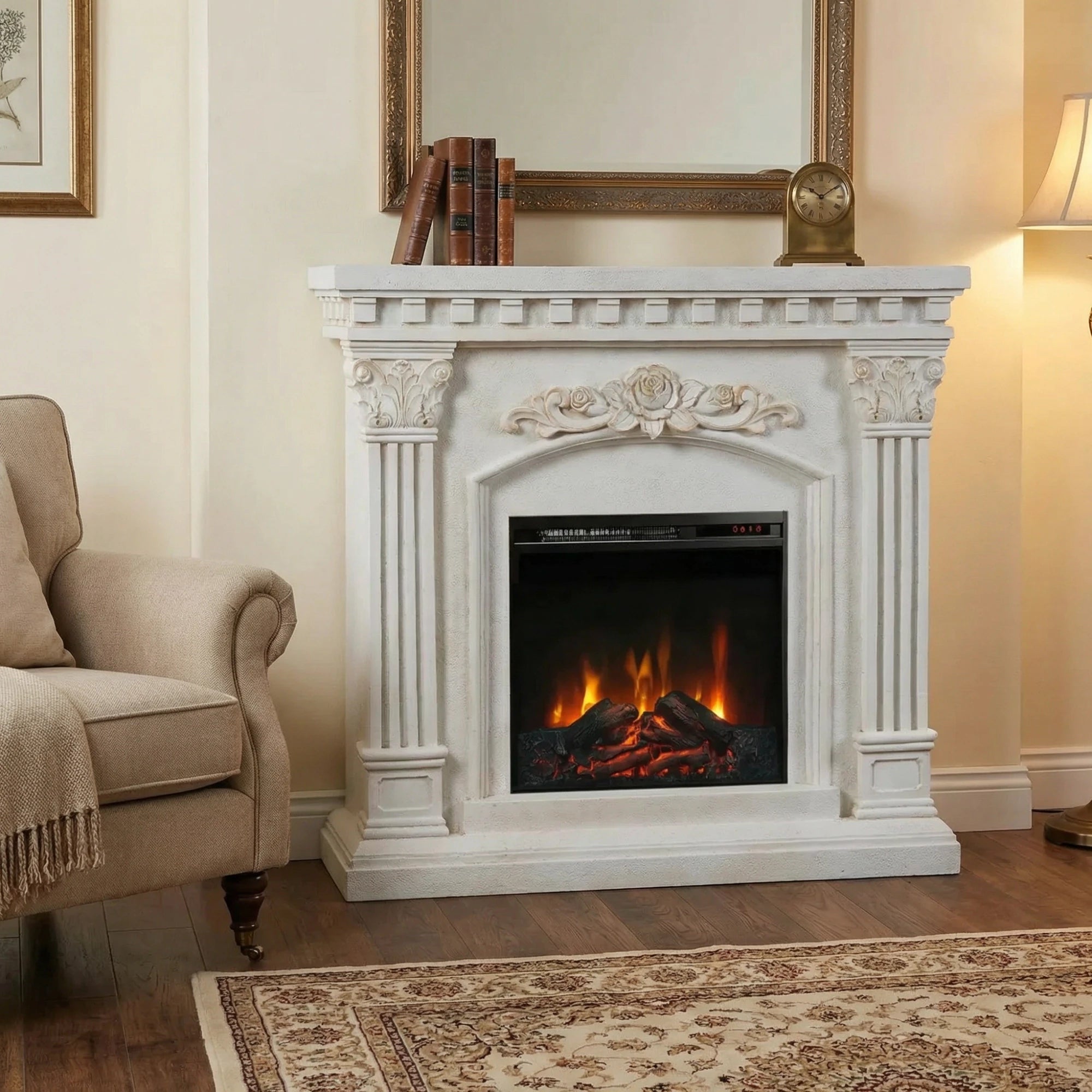 cheminée électrique avec manteau blanc