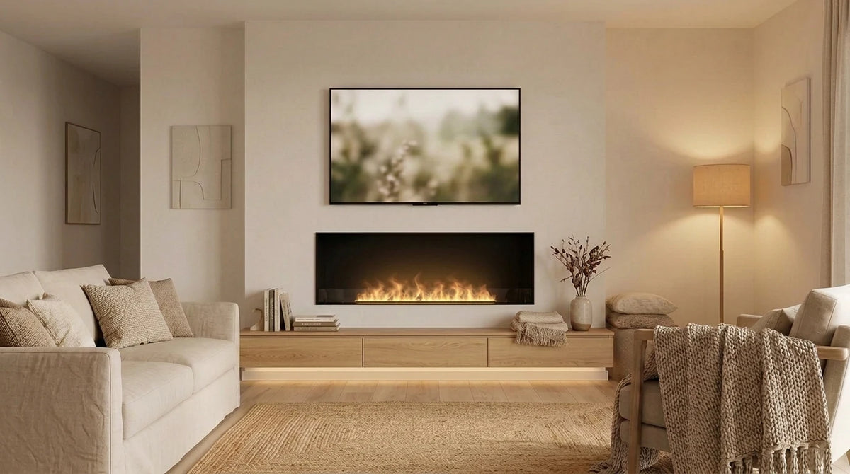 Foco Myst One 1500 water vapour fireplace built into a wall beneath a TV in a Scandinavian-style living room