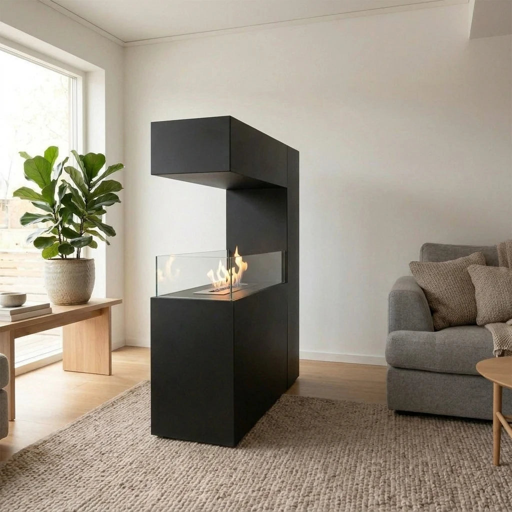 Tall black room divider bio fireplace standing freely in a bright living room, lit flame