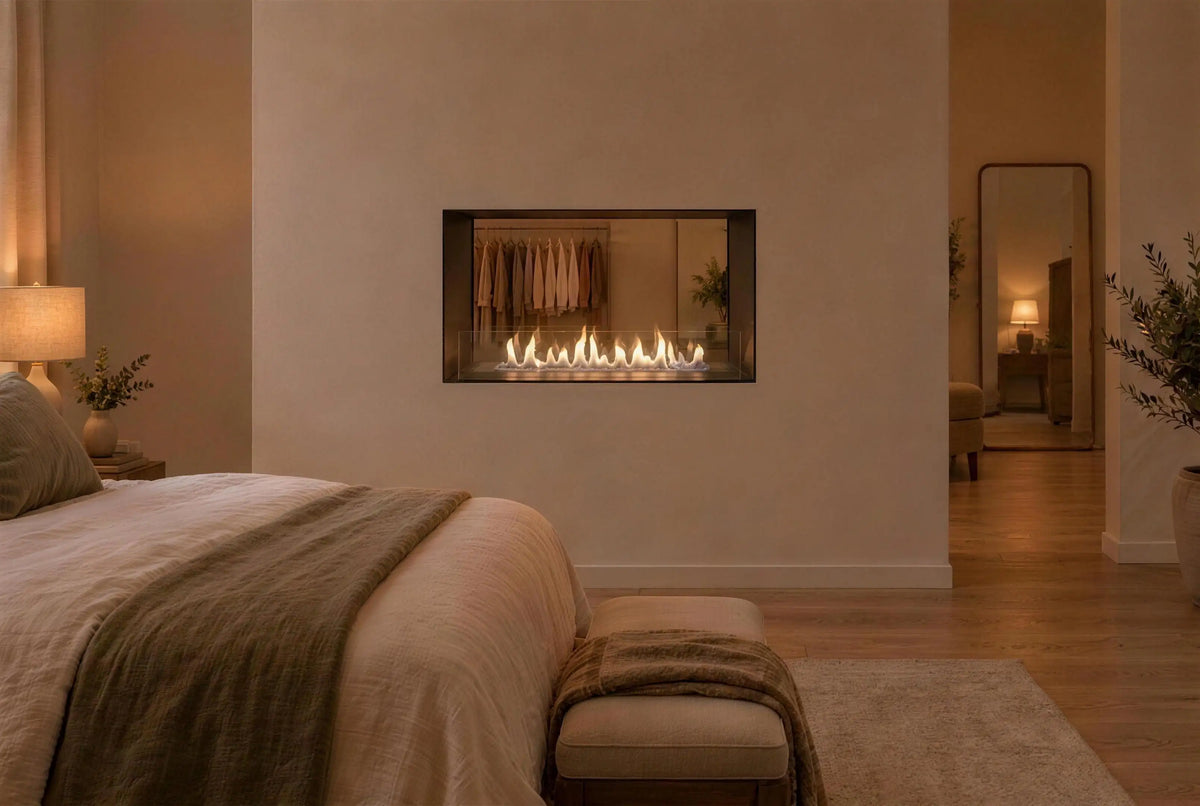 Foco Two 800 Medium bioethanol fireplace built into a partition wall between a bedroom and dressing area with a calm lit flame