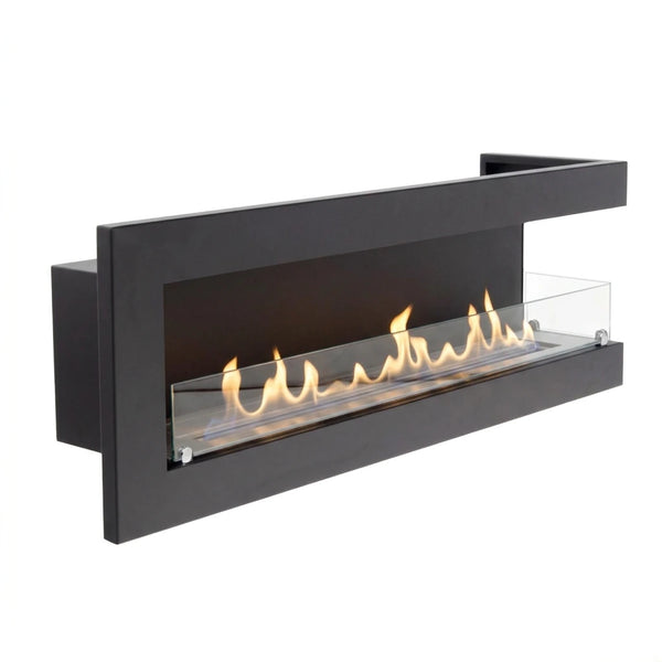 Corner bioethanol fireplace 115 cm, right model, on white background, lit with a realistic flame