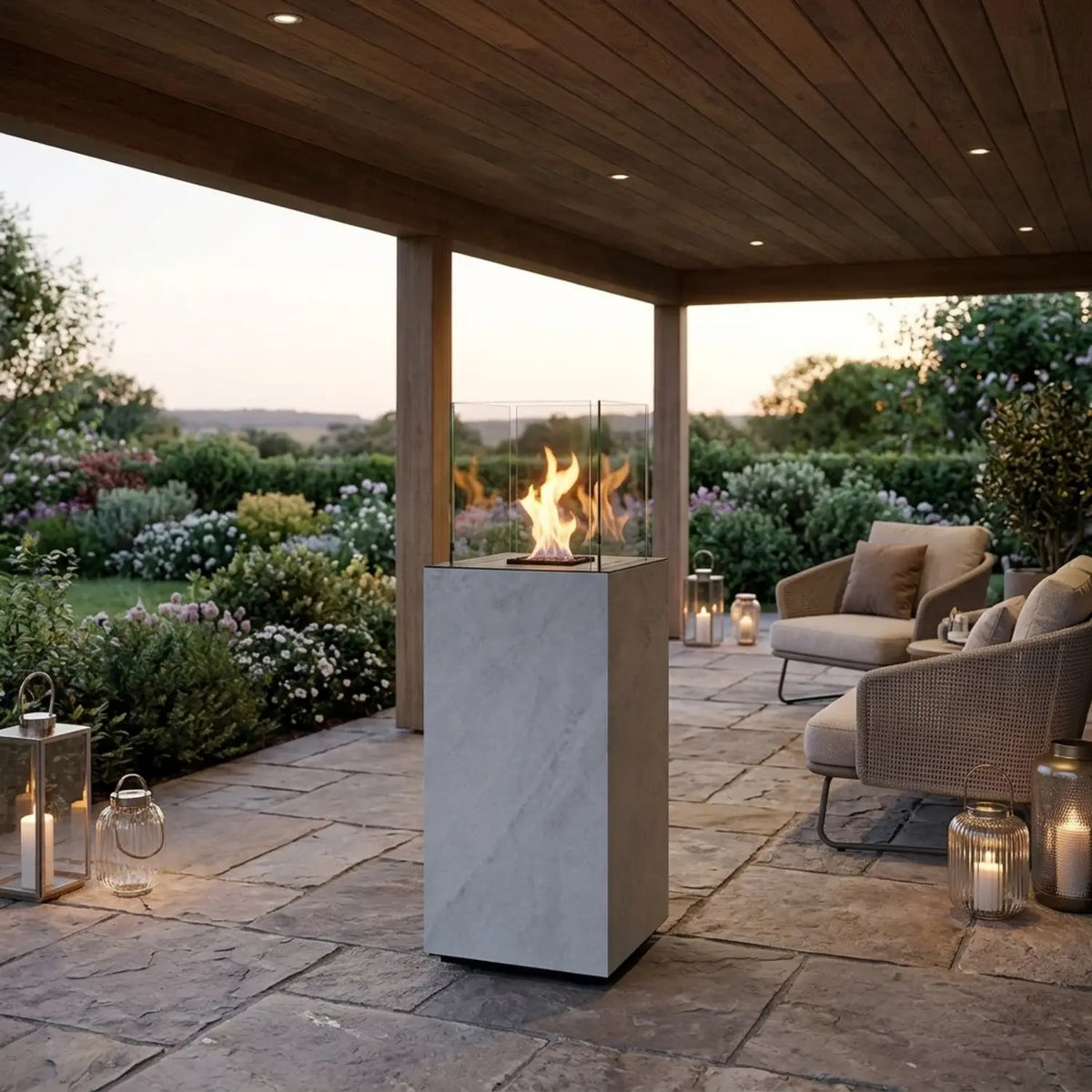 Planika Porto Kreta concrete-look bioethanol fireplace on a covered terrace with a wooden roof, lounge chairs and lanterns