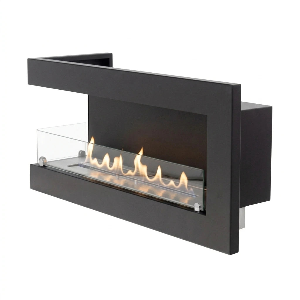Left-facing corner bioethanol fireplace 85 cm with lit flames
