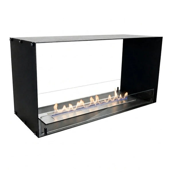 Foco Two 1000 see-through bioethanol fireplace, studio shot with lit flame