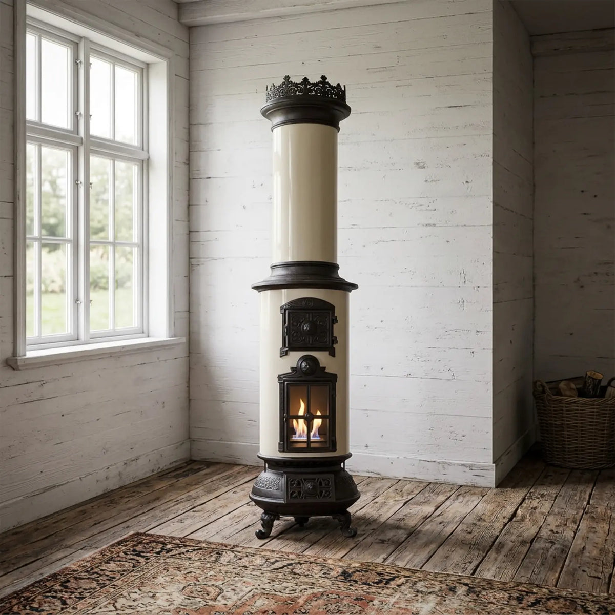 Westbo Classic - cream freestanding bioethanol fireplace in a rustic white plank room with window light