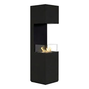 Open 3-Sided black bioethanol fireplace with a lit flame, white studio background