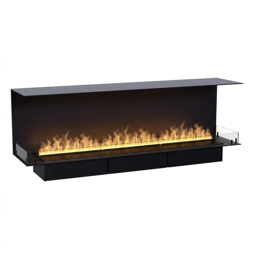 Foco Myst Three 1800 three-sided water vapour fireplace in black with realistic water vapour flames
