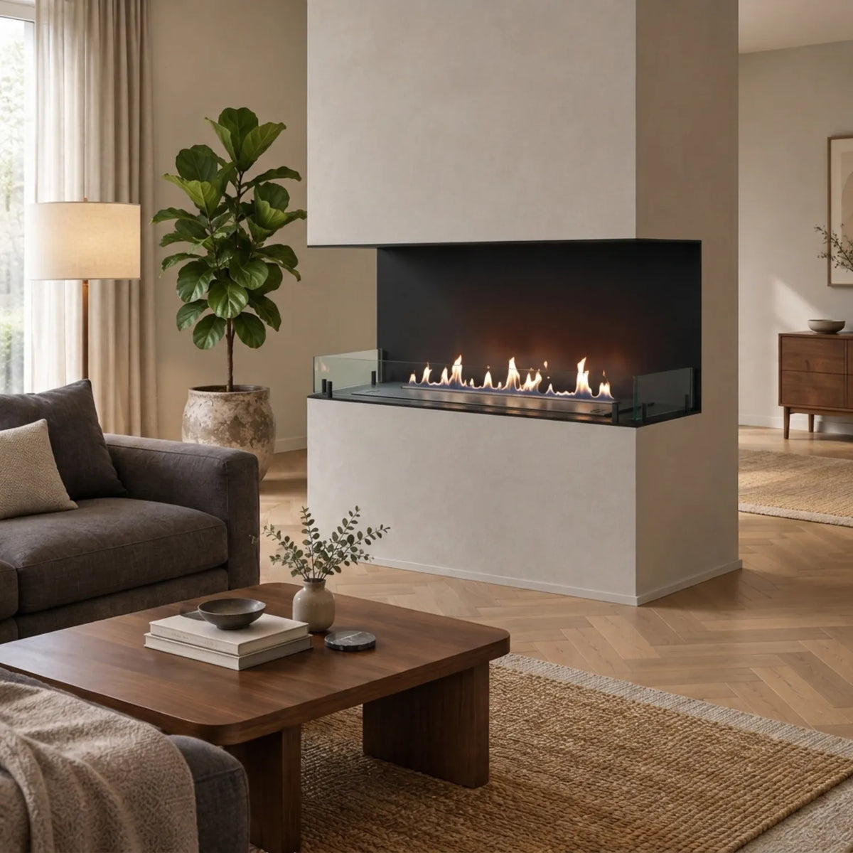 Foco Three 1200 built into a narrow protruding wall pillar, open on the front and both sides, with a low glass panel and a realistic lit ethanol flame, in a warm modern living room.