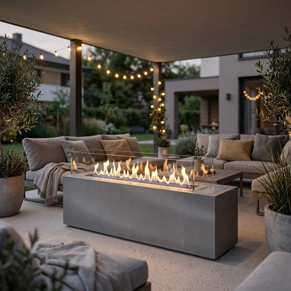 Planika Cabo Lunara concrete-finish bioethanol fireplace with a lit flame on a covered terrace with outdoor sofas and string lights in the evening.