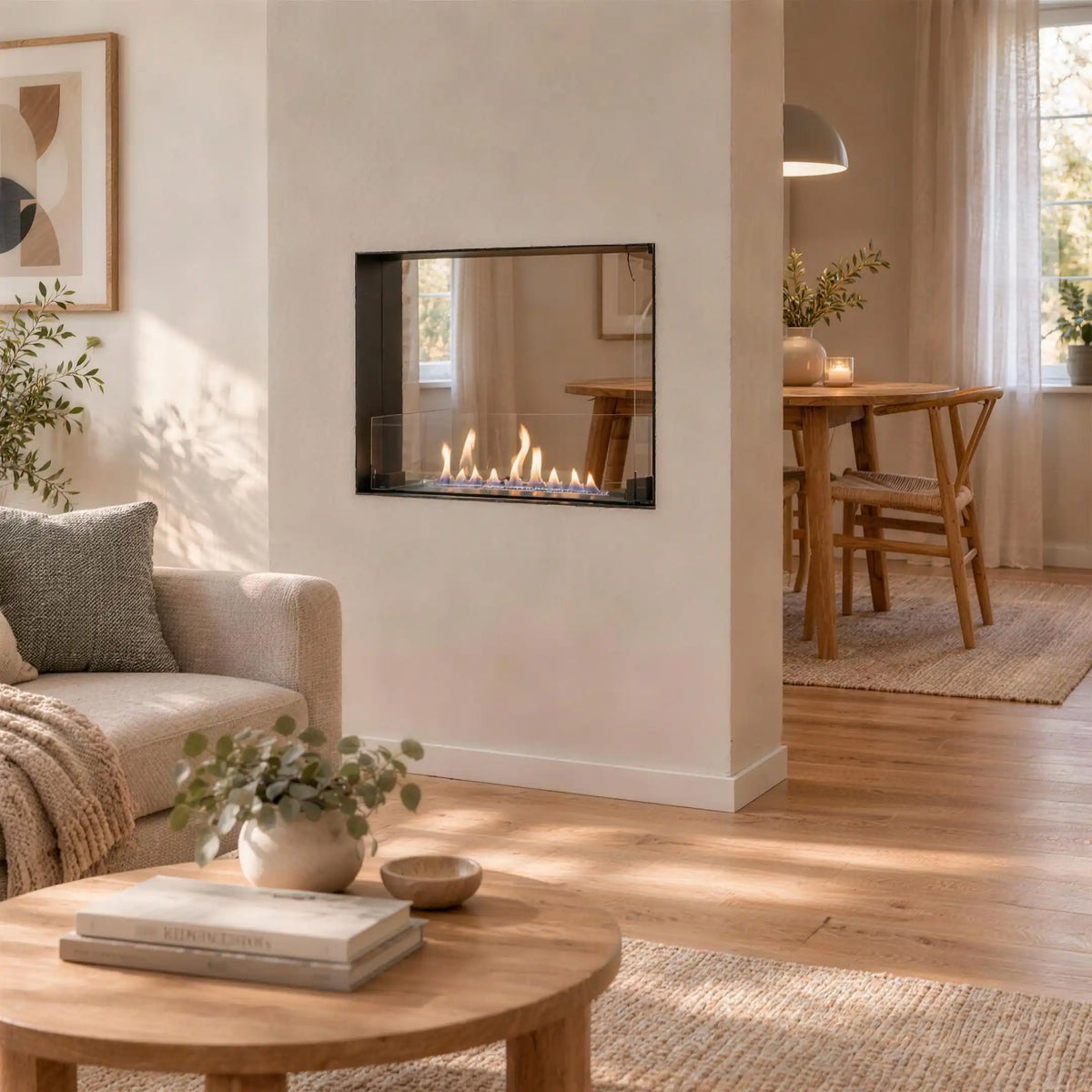 Foco Two 600 Slim built into a partition wall between a living room and dining nook, lit flame visible from both sides, correct oblique camera perspective