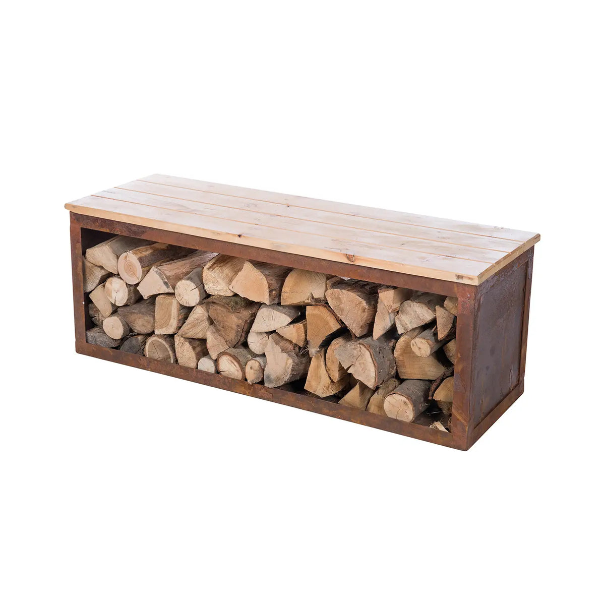 Banc avec Stockage de Bois en Acier Corten