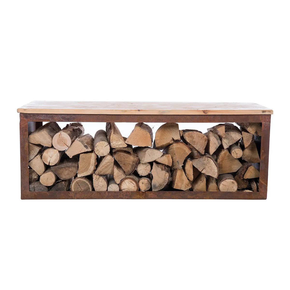 Banc avec Stockage de Bois en Acier Corten