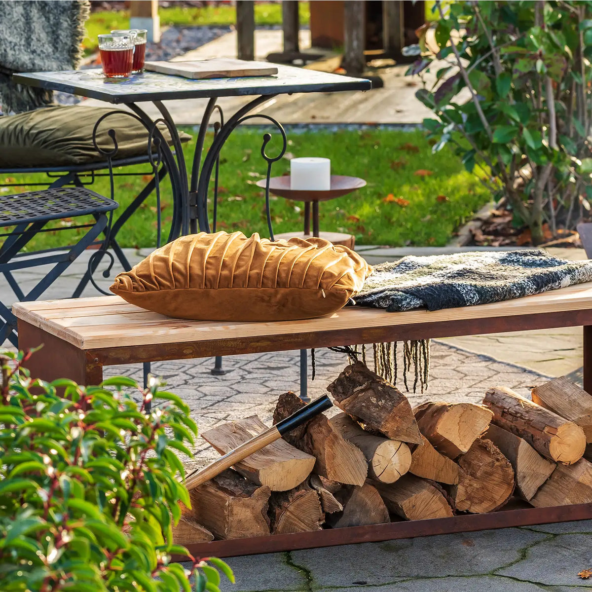 Banc avec Stockage de Bois en Acier Corten
