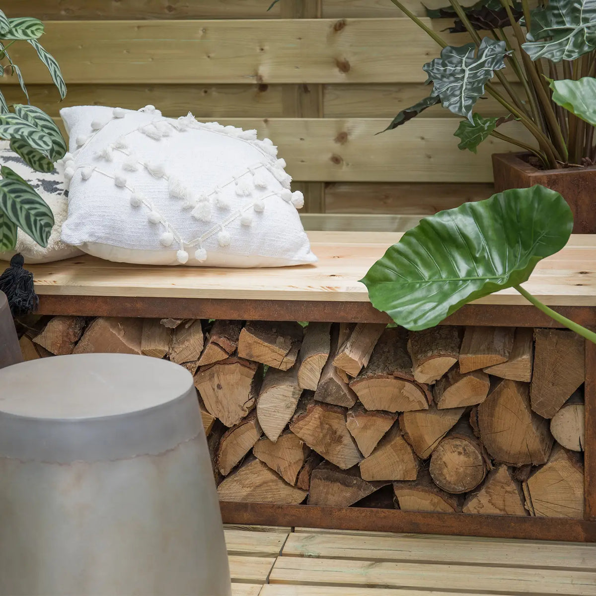 Banc avec Stockage de Bois en Acier Corten