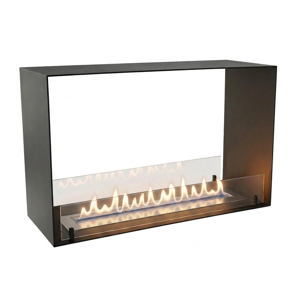 Foco Two 800 Medium bioethanol fireplace with lit flame, white background studio shot