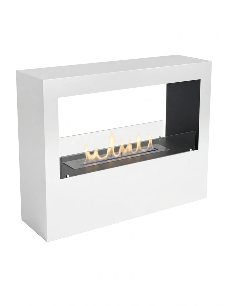 Lansing L White two-sided freestanding bio fireplace, angled studio shot on white background with a realistic lit flame