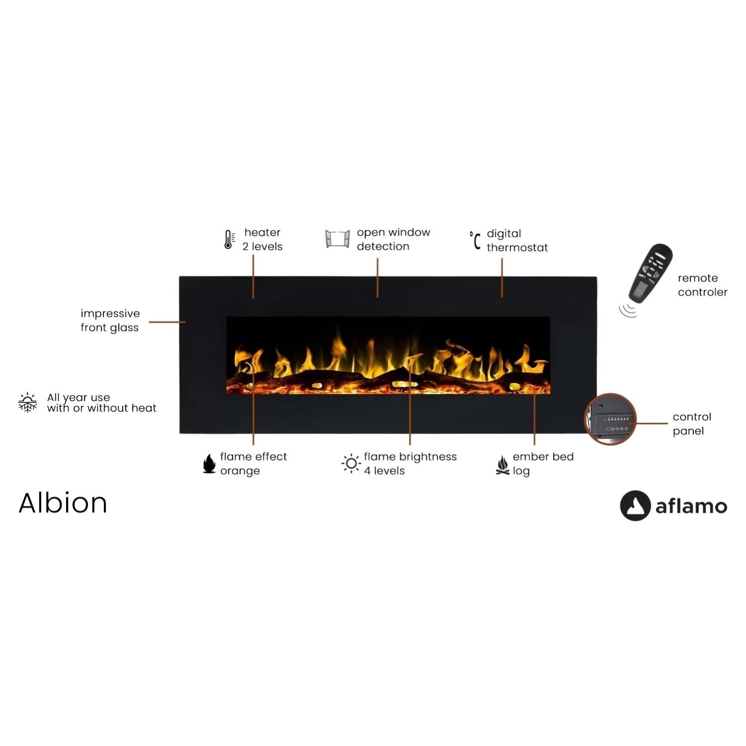 Foyer Électrique Aflamo Albion 128 cm Noir