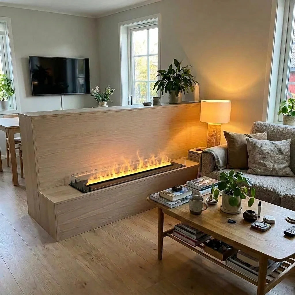 Foco Myst Free 1200 water vapour fireplace built into a styled living room interior