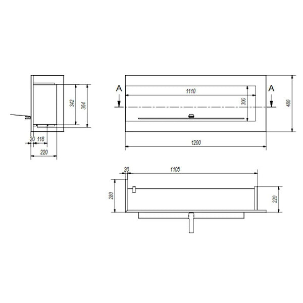 Cheminée bioéthanol d'angle 120 cm (gauche)