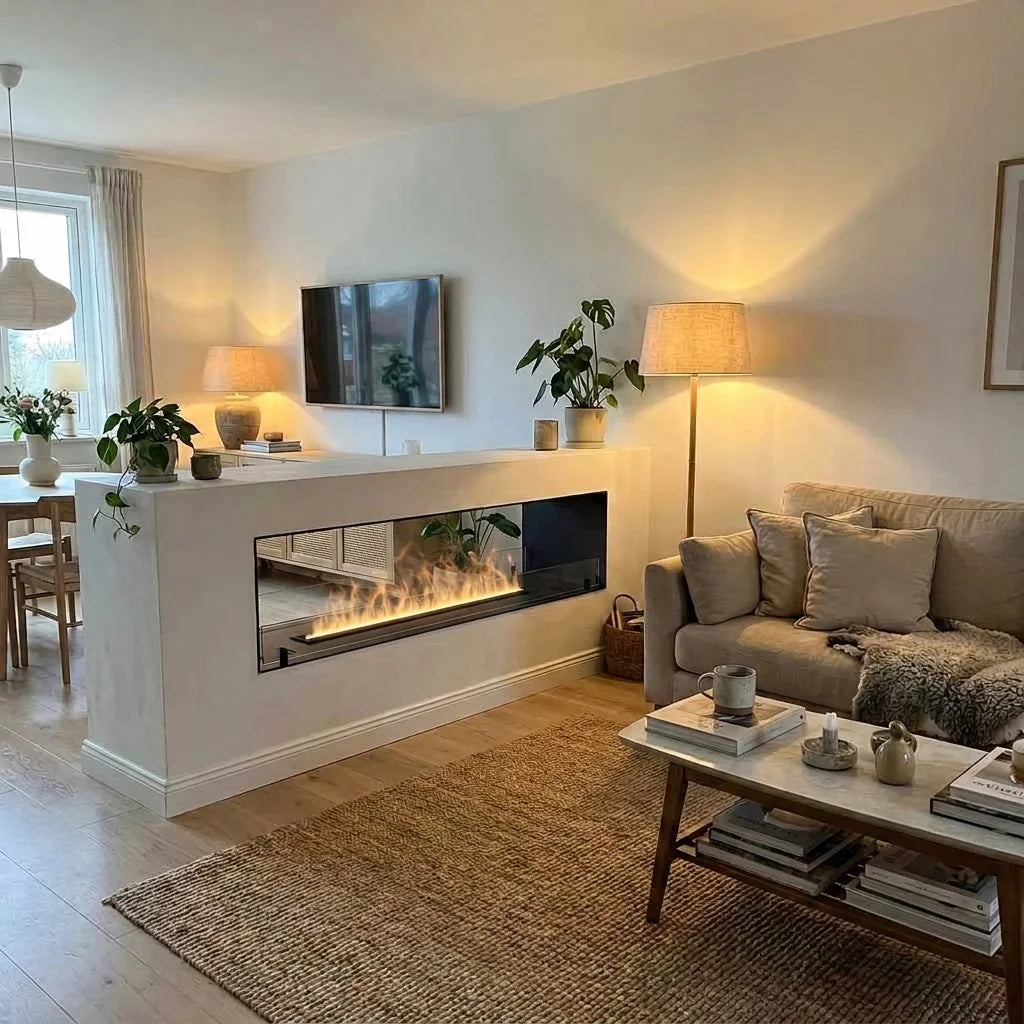 Foco Myst Two 1500 see-through water vapour fireplace in a modern living space