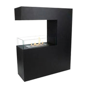 Tall black room divider bio fireplace with lit flames