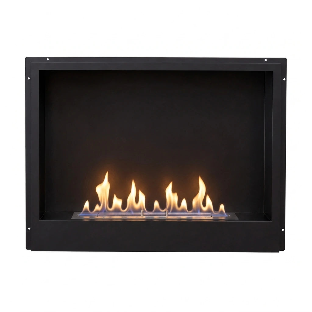 Surtur 23-inch black bioethanol fireplace insert, front-facing studio shot with lit flame