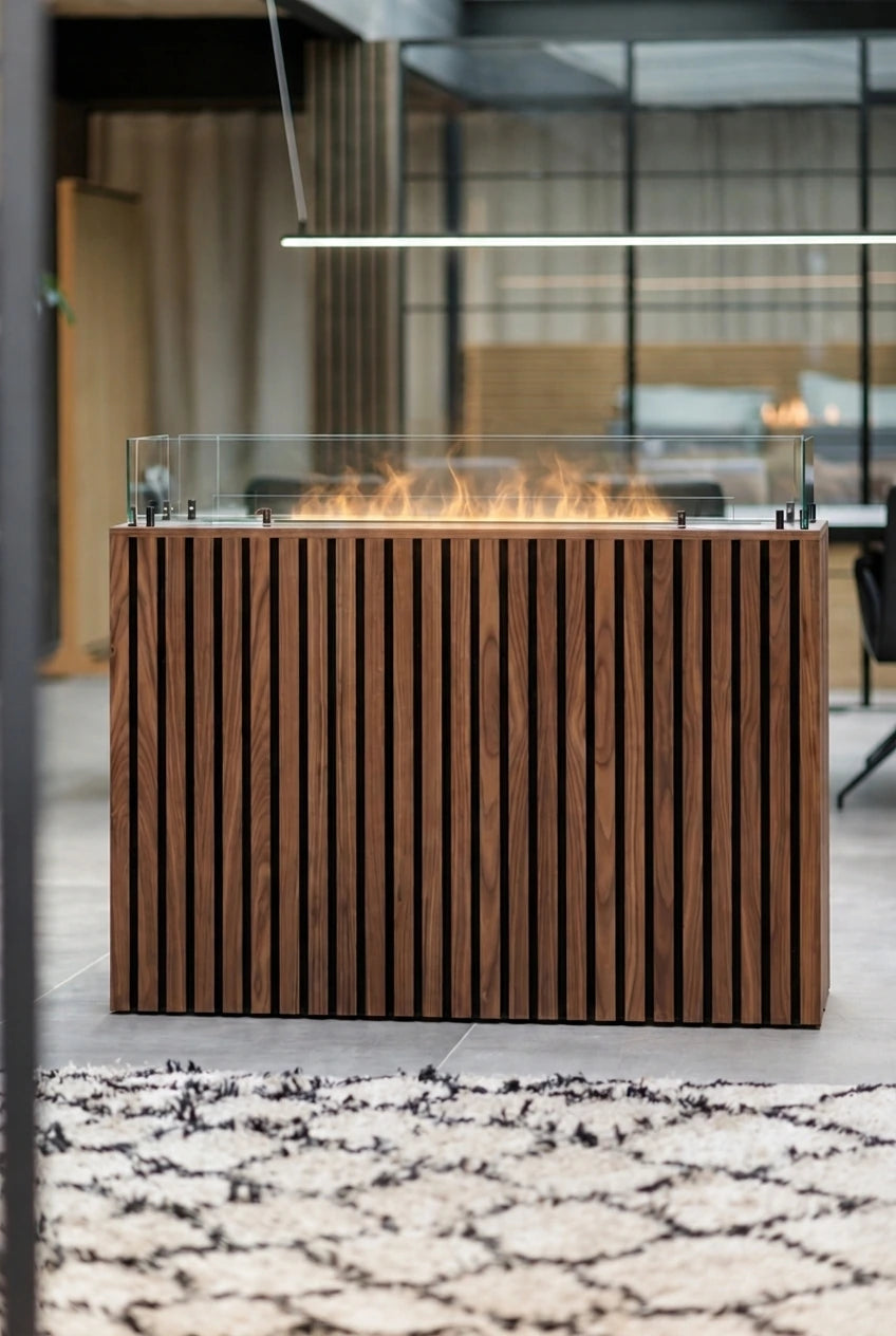 Foco Myst Free 800 water vapour fireplace in a walnut wood-slat housing in a modern open-plan living room