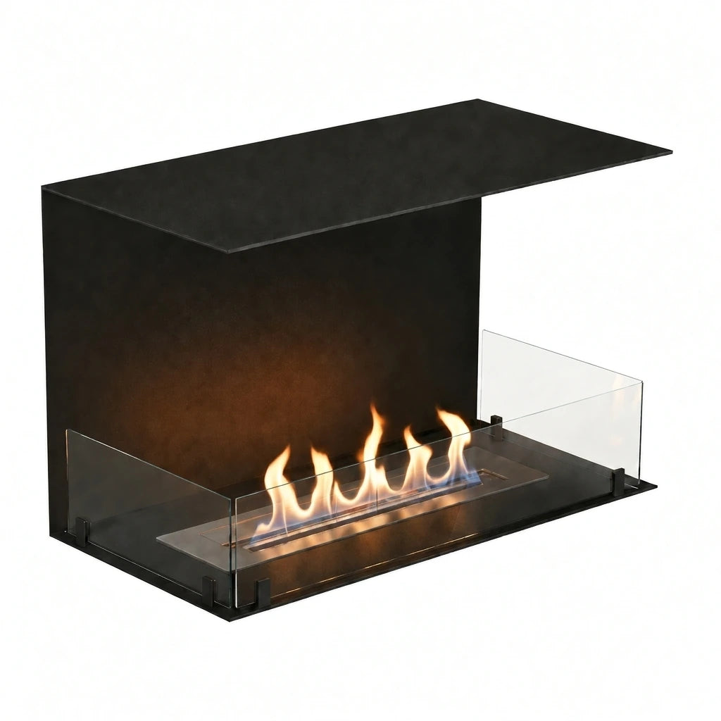 Foco Three 800 with a realistic lit ethanol flame, white-background studio shot.