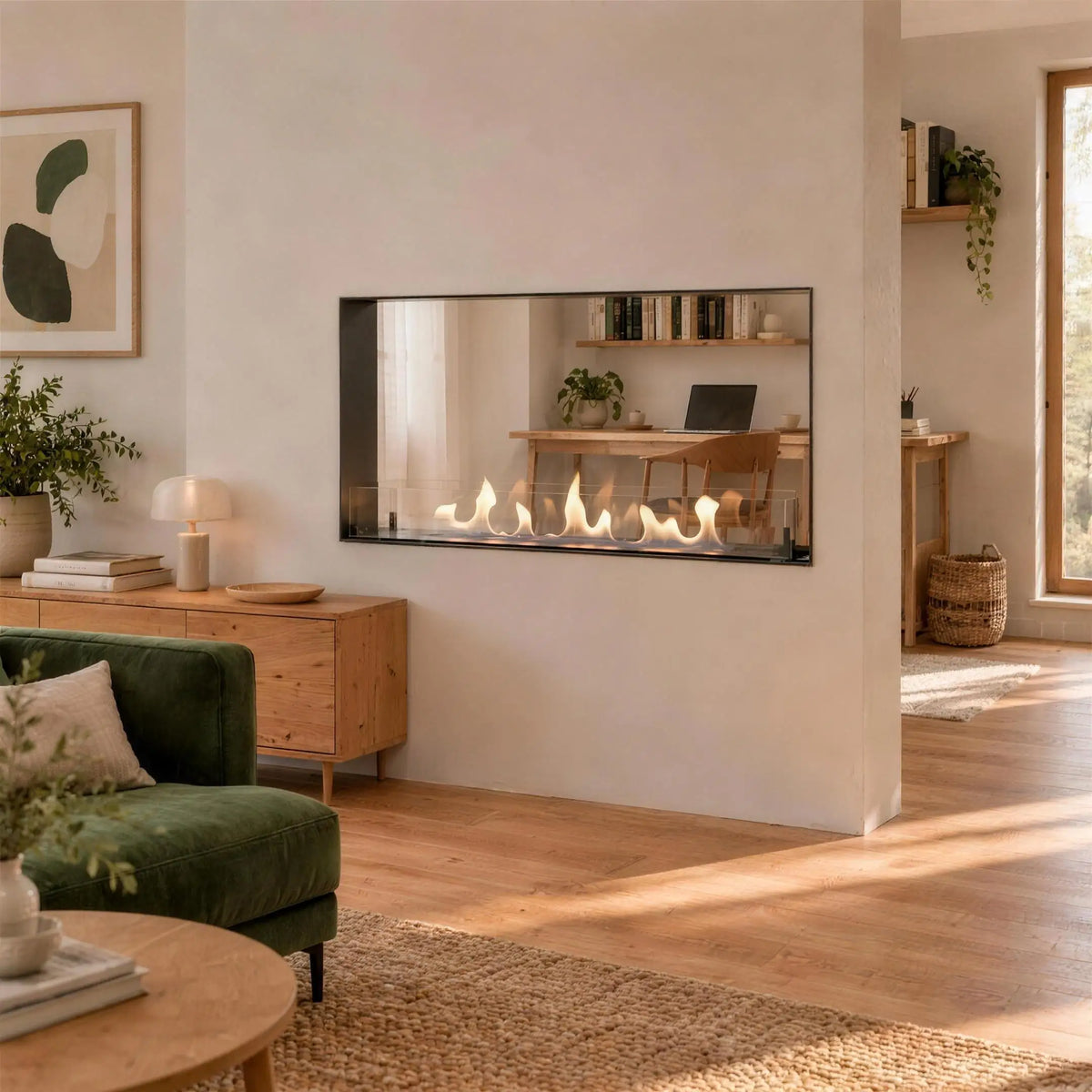 Foco Two 1000 Slim built into a partition wall between a living room and home-office nook, lit flame visible from both sides, correct oblique camera perspective