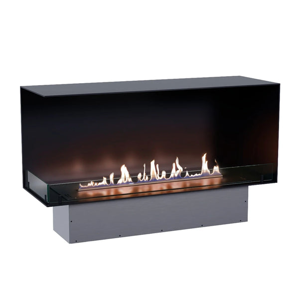 Foco Corner Left 1200 - lit ethanol flame on its installation base, white-background studio shot