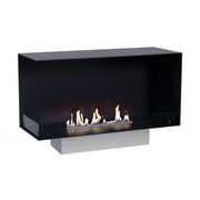Foco Corner Left 1000 - lit ethanol flame on its installation base, white-background studio shot