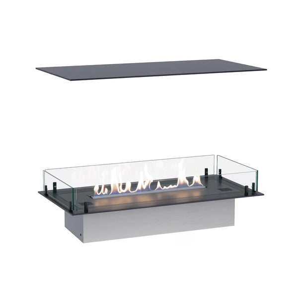 Foco Four 800 four-sided built-in bioethanol fireplace with a realistic lit ethanol flame, white-background studio shot with the top plate shown detached above.