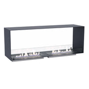 Foco Two 1400 Double bioethanol fireplace, white background studio shot with a lit flame