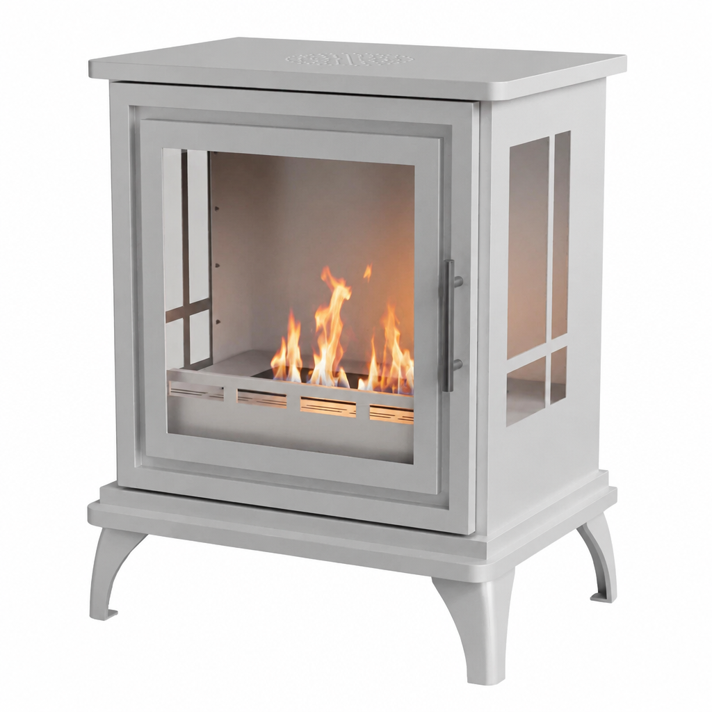 ScandiFlames Nashville white freestanding bioethanol stove with a lit flame, angled studio view