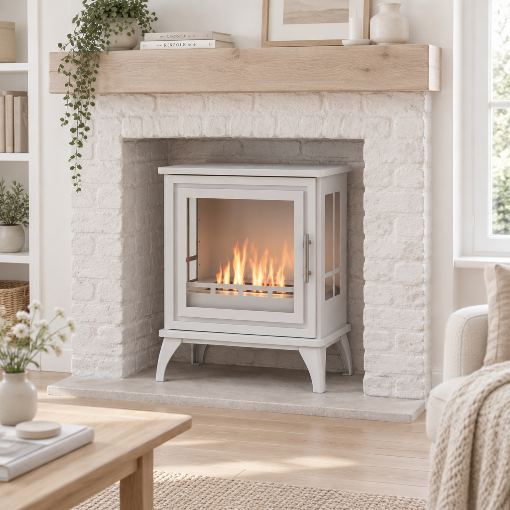 ScandiFlames Nashville white bioethanol stove lit and retrofitted into a whitewashed brick fireplace surround with a light wood mantel