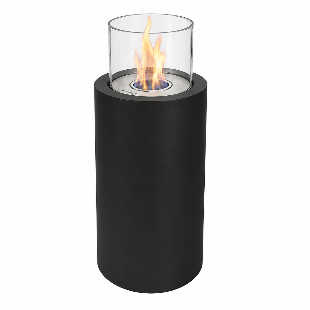 ScandiFlames Dualis Black bioethanol fireplace studio hero shot with a realistic lit ethanol flame on a white background