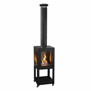ScandiFlames Natura Garden bioethanol fireplace studio hero shot with a realistic lit flame visible through the 4-sided glass panels, on a white background