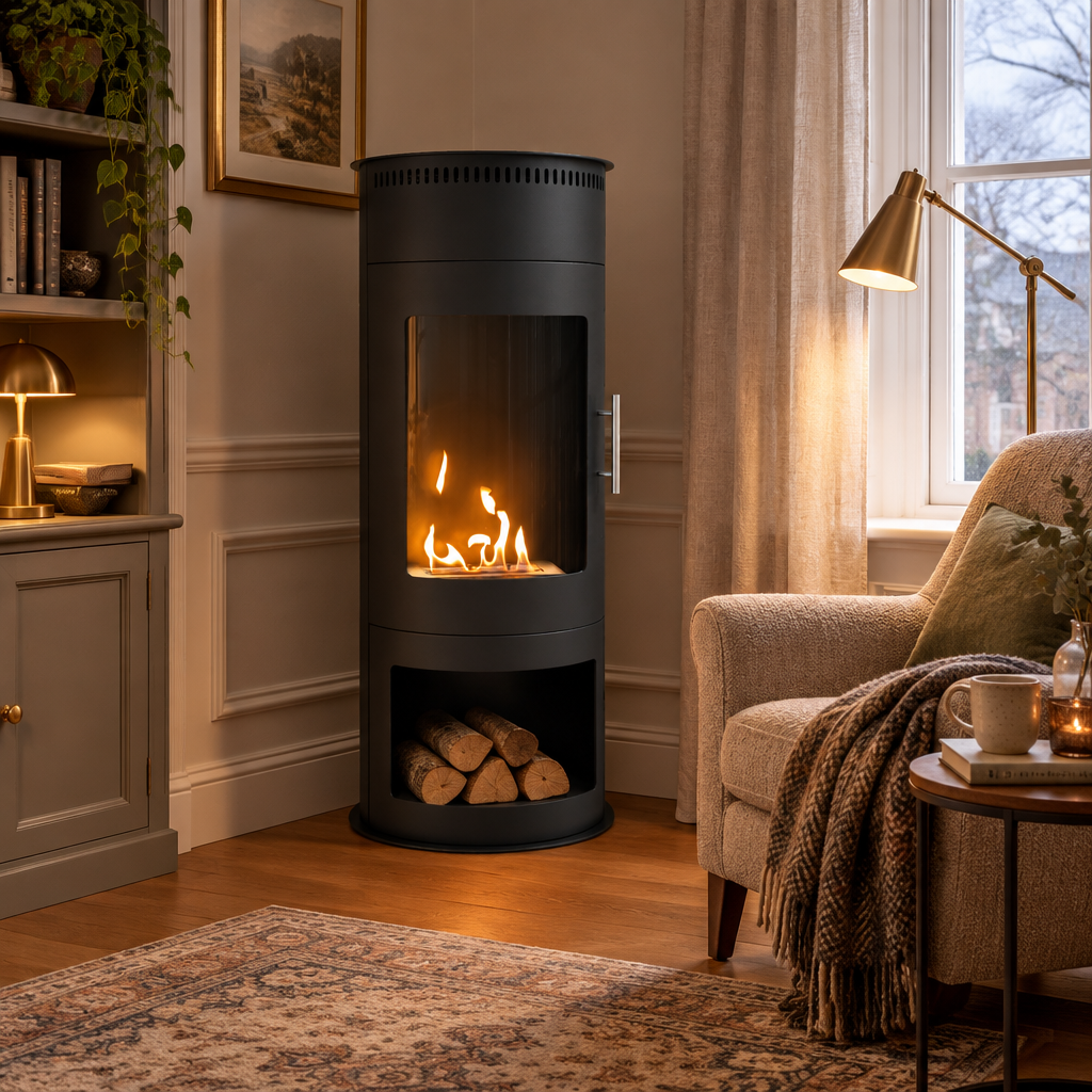 ScandiFlames Washington Small black bioethanol stove burning in a cosy living room corner