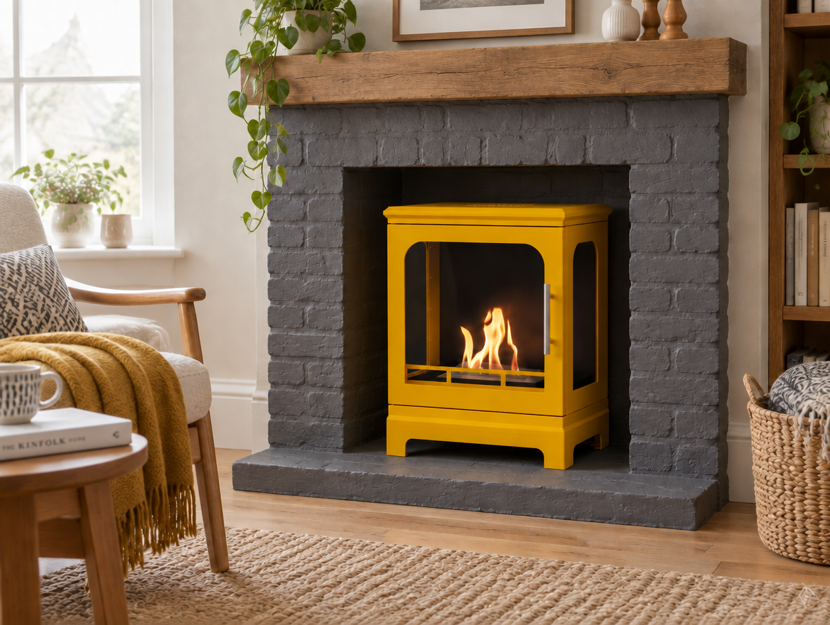 ScandiFlames Honolulu yellow bioethanol stove retrofitted into an old fireplace opening in a cozy reading corner