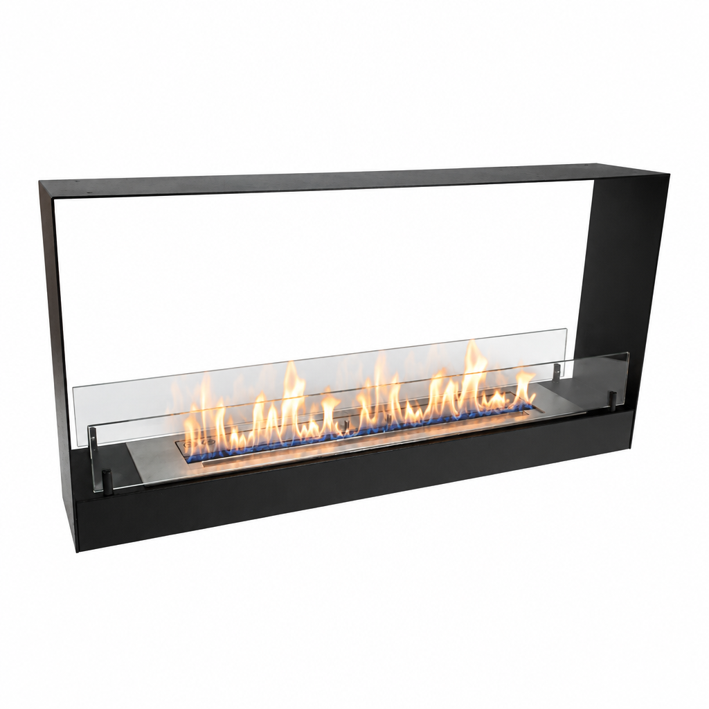Double-sided built-in bioethanol fireplace, front view with lit flame
