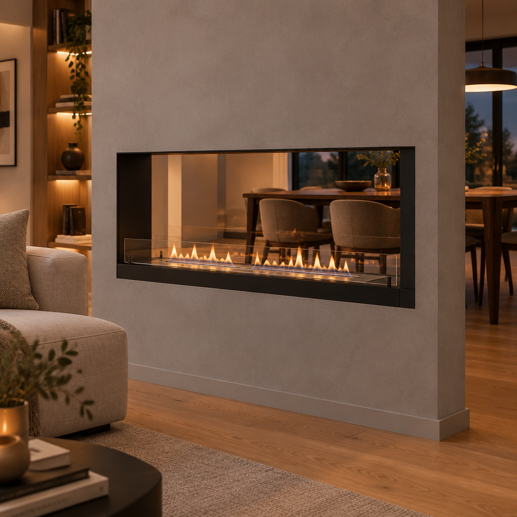 Double-sided built-in bioethanol fireplace installed as a room divider between a living room and dining area, realistic low ethanol flame