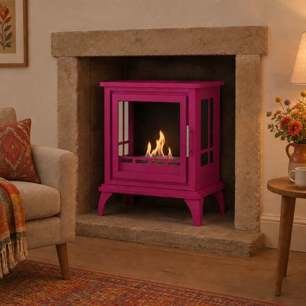 ScandiFlames Nashville pink bioethanol stove retrofitted into a stone fireplace hearth in a simple living room with warm colorful accents - patterned rug, kilim cushion and fresh flowers