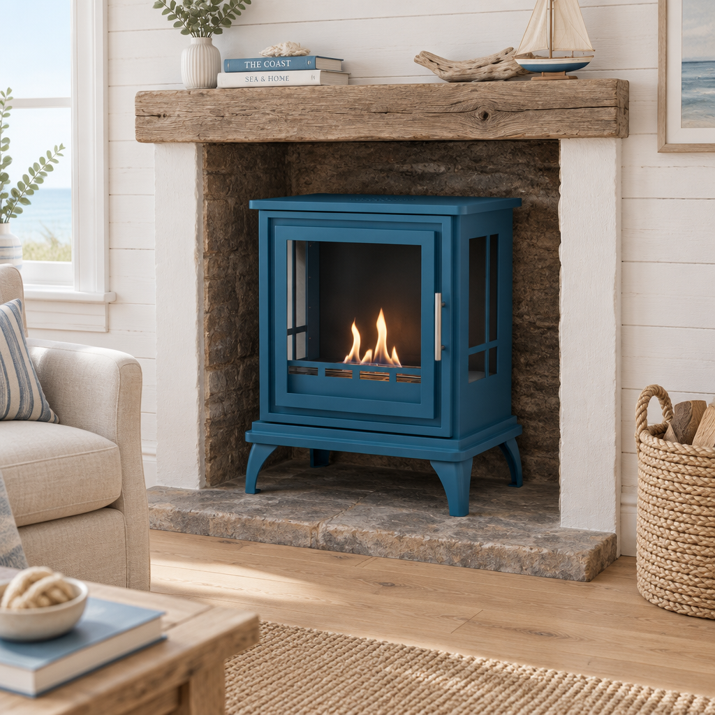 ScandiFlames Nashville blue bioethanol stove retrofitted into a stone fireplace hearth in a coastal-inspired living room with whitewashed panelling and driftwood decor