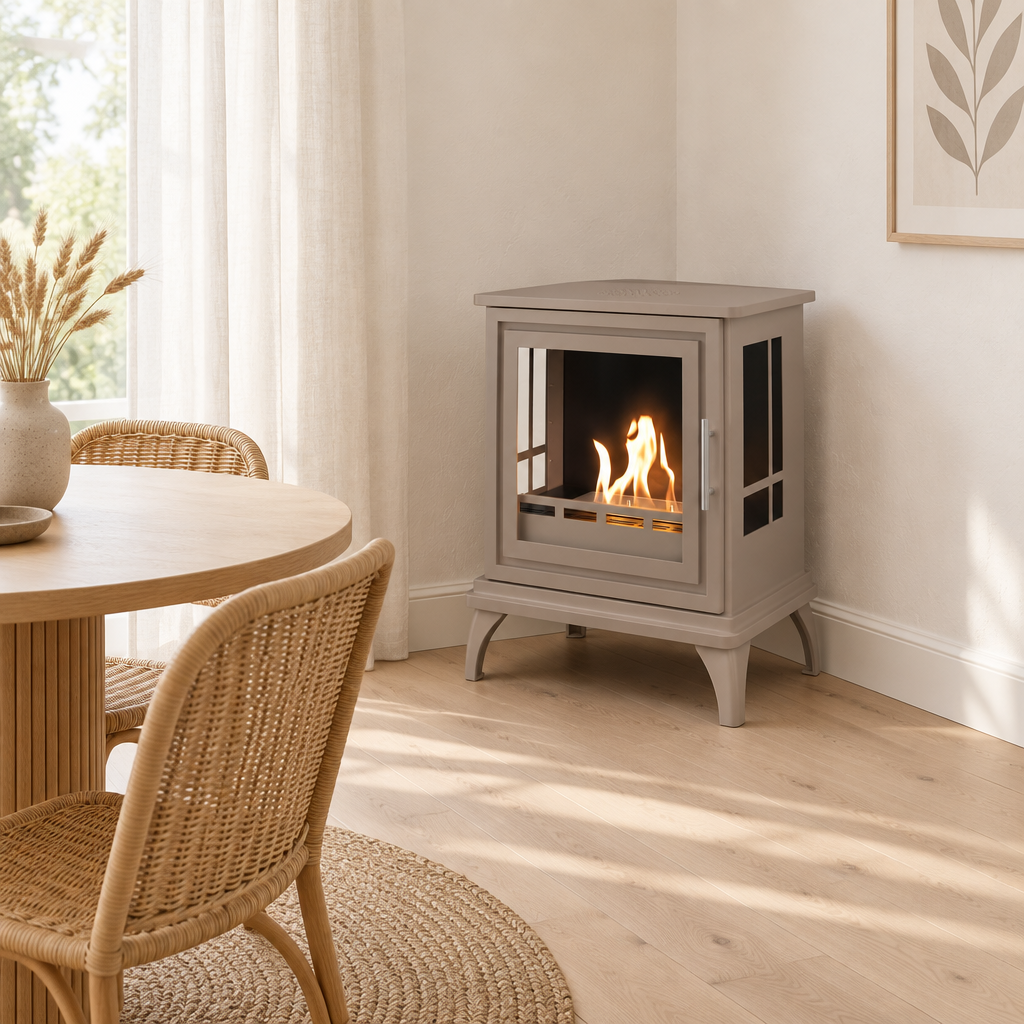 Nashville Grey Beige bioethanol stove standing freely on the bare oak floor in the corner of a bright Scandinavian dining nook