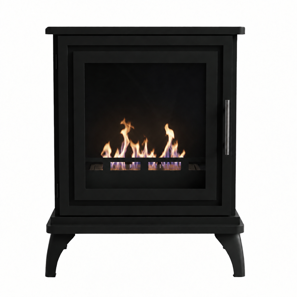 Nashville Black freestanding bioethanol stove, front-facing studio shot