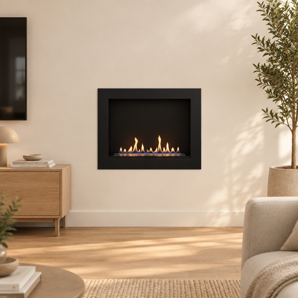 Wall installation frame with Surtur 18-inch bioethanol insert, flush-mounted on a plain wall beside a media console