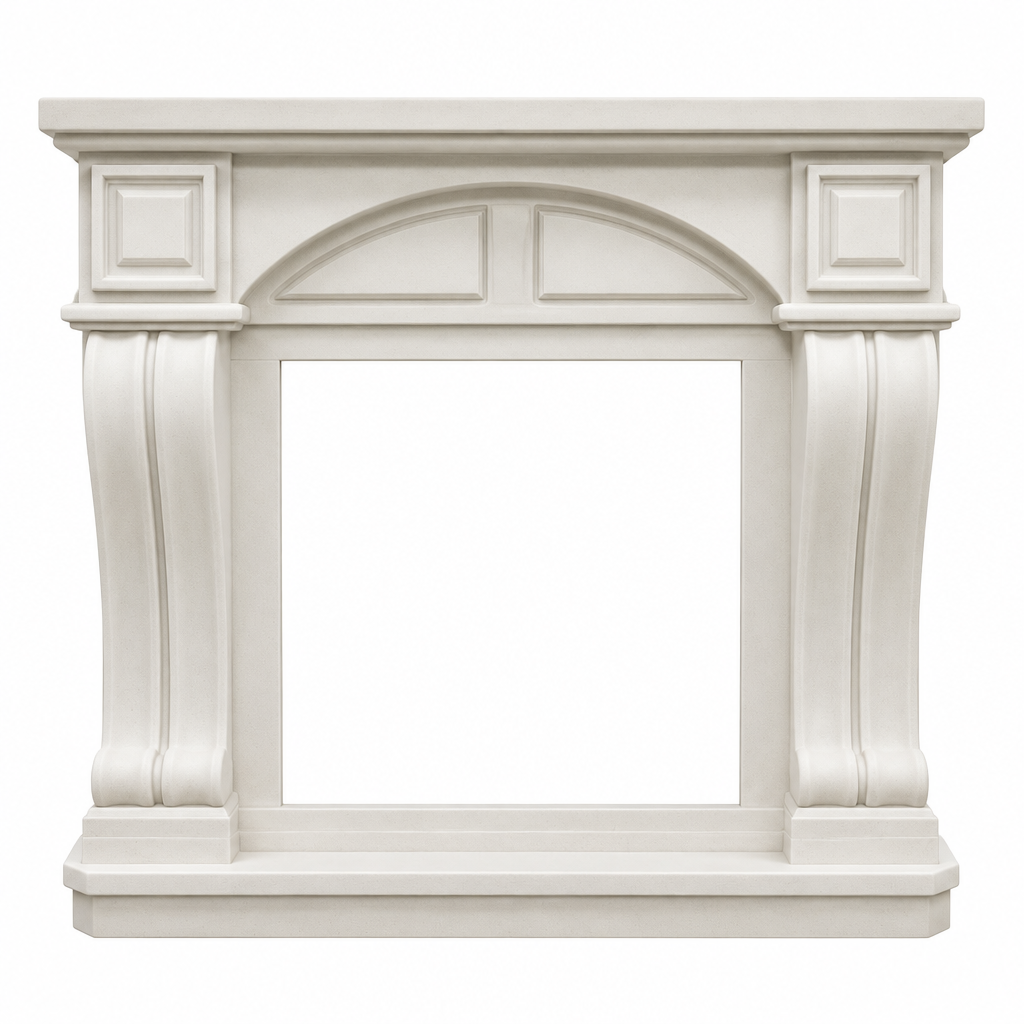 Logi freestanding polystone fireplace surround, front view, empty opening, insert sold separately