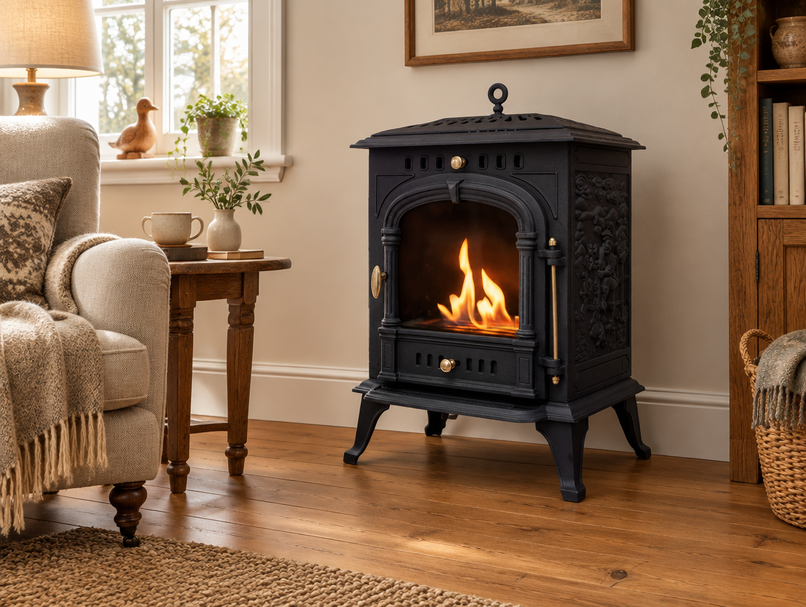 ScandiFlames Bergen cast iron bioethanol stove styled in a cozy rustic living room with armchair, side table and window light, lit real flame